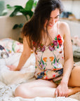Silk Pyjamas- Set Cami and Shorts in 'Eden' Tropical Meadow Print, luxury lounge wear