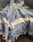 Luxury Alicia King Size Bed Throw XL, premium hand-loomed organic cotton, stylish navy blue, best-selling large diamond weave by Wildash London at brixbailey.com