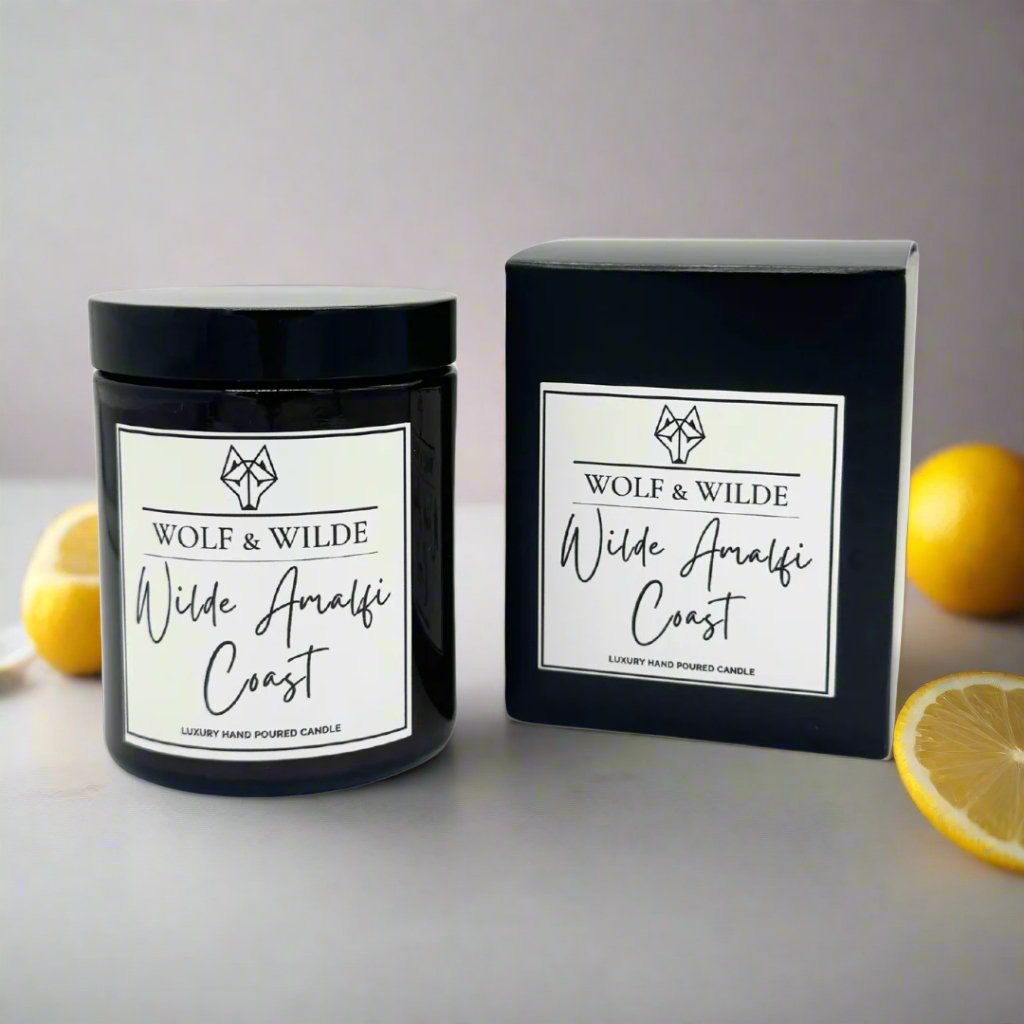 Amalfi Coast luxury scented candle, handmade premium aromatherapy with citrus, herbs, musk, vegan-friendly, elegant soothing ambiance by Wolf & Wilde at brixbailey.com