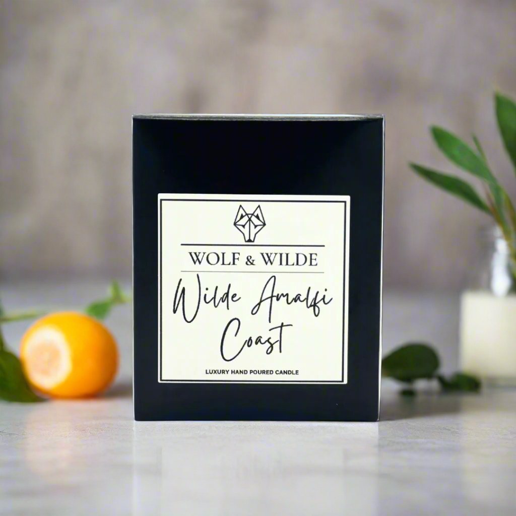 Amalfi Coast luxury scented candle, premium handmade aromatherapy with citrus, herbs, and musk, vegan friendly, elegant soothing ambiance by Wolf & Wilde at brixbailey.com