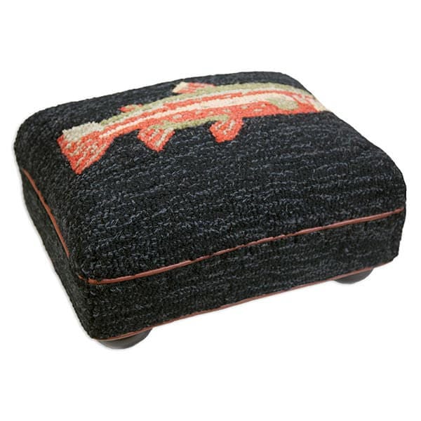 Hooked wool foot stool with fish design by Anglers Dream for cabin decor at www.brixbailey.com