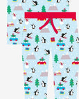 Premium Christmas pajama set for couples, cozy organic cotton sleepwear with penguin and snowman print, luxury matching holiday loungewear by Toby Tiger at brixbailey.com