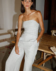 The Maggie Bandeau Jumpsuit in striped olive green