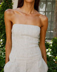 The Maggie Bandeau Jumpsuit in striped olive green