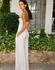 The Maggie Bandeau Jumpsuit in striped olive green