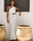 The Ava Asymmetric Maxi Dress in off-white