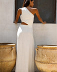 The Ava Asymmetric Maxi Dress in off-white