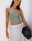 The Arabella Bias-Cut Maxi Skirt in striped olive green