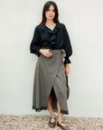 The Zoe Wool Wrap Skirt with lace trim in mocha