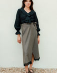 The Zoe Wool Wrap Skirt with lace trim in mocha