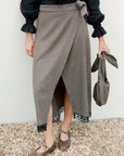 The Zoe Wool Wrap Skirt with lace trim in mocha