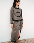 The Zoe Wool Wrap Skirt with lace trim in mocha