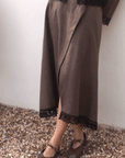 The Zoe Wool Wrap Skirt with lace trim in mocha