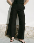 The Willow Wide-Leg Pleated Linen Trousers in black
