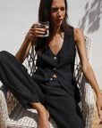 The Willow Wide-Leg Pleated Linen Trousers in black