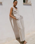 The Willow Wide-Leg Pleated Linen Trousers in oatmeal