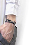 Silver Anchor Leather Bracelet Coal Black