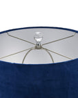 Handcrafted Ice Shadows table lamp with blue and white glaze, navy velvet shade, and elegant ball finial. by Sostter at brixbailey.com