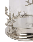 Silver stag heads hurricane lantern with glass cylinder, polished metal finish, elegant home decor lighting piece by sostter at brixbailey.com