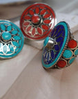 Boho Mandala Statement Rings – Handcrafted Tribal Inlay in Turquoise, Coral & Lapis.