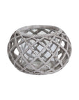 Round ceramic lattice hurricane lantern in natural stone with intricate cutouts, 17cm wide, ideal for LED candles. by Sostter at brixbailey.com