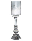 Tall silver smoked glass candle holder, 60cm height, modern elegant centerpiece with warm atmospheric glow by RoomLondon at brixbailey.com