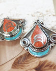 Tibetan Scroll Drop Earrings – Coral & Turquoise Crescent