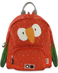 soft cotton kids backpack with mr parrot, showing its cozy adjustable straps and front pocket
