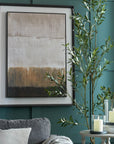 Large abstract linen artwork in neutral earth tones, framed in dark wood, ideal for modern minimalist interiors. by Sostter at brixbailey.com
