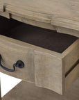Handcrafted French provincial side table with hardwood construction, bleached wood finish, and black iron handles. by Sostter at brixbailey.com