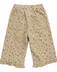 Beige Floral Corduroy Trousers with Ruffle Hem