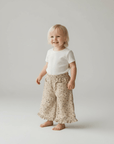 Beige Floral Corduroy Trousers with Ruffle Hem