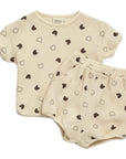 Beige Waffle Teddy Print Top and Shorts Set