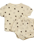 Beige Waffle Teddy Print Top & Shorts Set