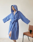 Blue Retro Hooded Stripe Bathrobe, 100% ORGANIC Long-stapled Cotton-2
