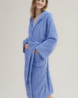 Blue Retro Hooded Stripe Bathrobe, 100% ORGANIC Long-stapled Cotton-0