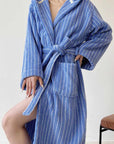 Blue Retro Hooded Stripe Bathrobe, 100% ORGANIC Long-stapled Cotton-3