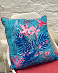 Terquoise tropical watercolour art Cushion 'Jungala' double sided design, made from Vegan friendly Suede