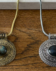 Vintage Boho Natural Stone Statement Necklace – Antique Gold & Silver Tone Medallion Necklace