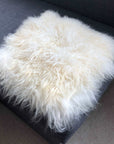 Luxury British white curly sheepskin seat pad, premium natural square cushion, stylish home decor, handcrafted hypoallergenic fur, best-selling ivory cream by Wildash London at brixbailey.com