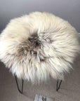 Premium 35cm round sheepskin seat pad, luxury British rare breed natural melange, handcrafted sustainable comfort by Wildash London at brixbailey.com