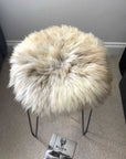 Premium 35cm round sheepskin seat pad, luxury British rare breed natural melange, handcrafted sustainable comfort by Wildash London at brixbailey.com