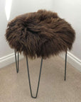 Premium British sheepskin round seat cover, natural undyed brown, 35cm, luxury handcrafted free-range Irish hide, sustainable hypoallergenic fur by Wildash London at brixbailey.com