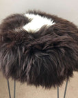 Luxury British sheepskin round seat cover, natural brown with white cream ivory, premium 100% natural hide, 35cm diameter, hypoallergenic, sustainable by Wildash London at brixbailey.com