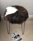 Premium British sheepskin round seat cover, natural brown with white cream ivory, 35cm diameter, luxury hypoallergenic sustainable sheep hide by Wildash London at brixbailey.com