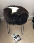 Luxury British sheepskin round seat cover, natural brown with white cream ivory, premium handcrafted 35cm diameter hide by Wildash London at brixbailey.com