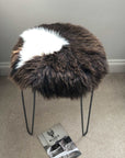 British sheepskin round seat cover, natural brown with white cream ivory, 35cm diameter, premium luxury handcrafted sustainable hypoallergenic by Wildash London at brixbailey.com