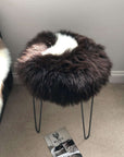 Luxury British sheepskin round seat cover, natural brown with white cream ivory, premium 100% natural hide, 35cm diameter, handcrafted sustainable by Wildash London at brixbailey.com