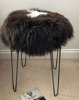 Premium British sheepskin round seat cover, natural brown with white cream ivory, 35cm diameter, luxury hypoallergenic handcrafted sustainable fur by Wildash London at brixbailey.com