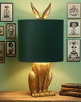 Antique gold hare table lamp with green velvet shade, handcrafted resin sculpture, elegant home decor lighting by sostter at brixbailey.com